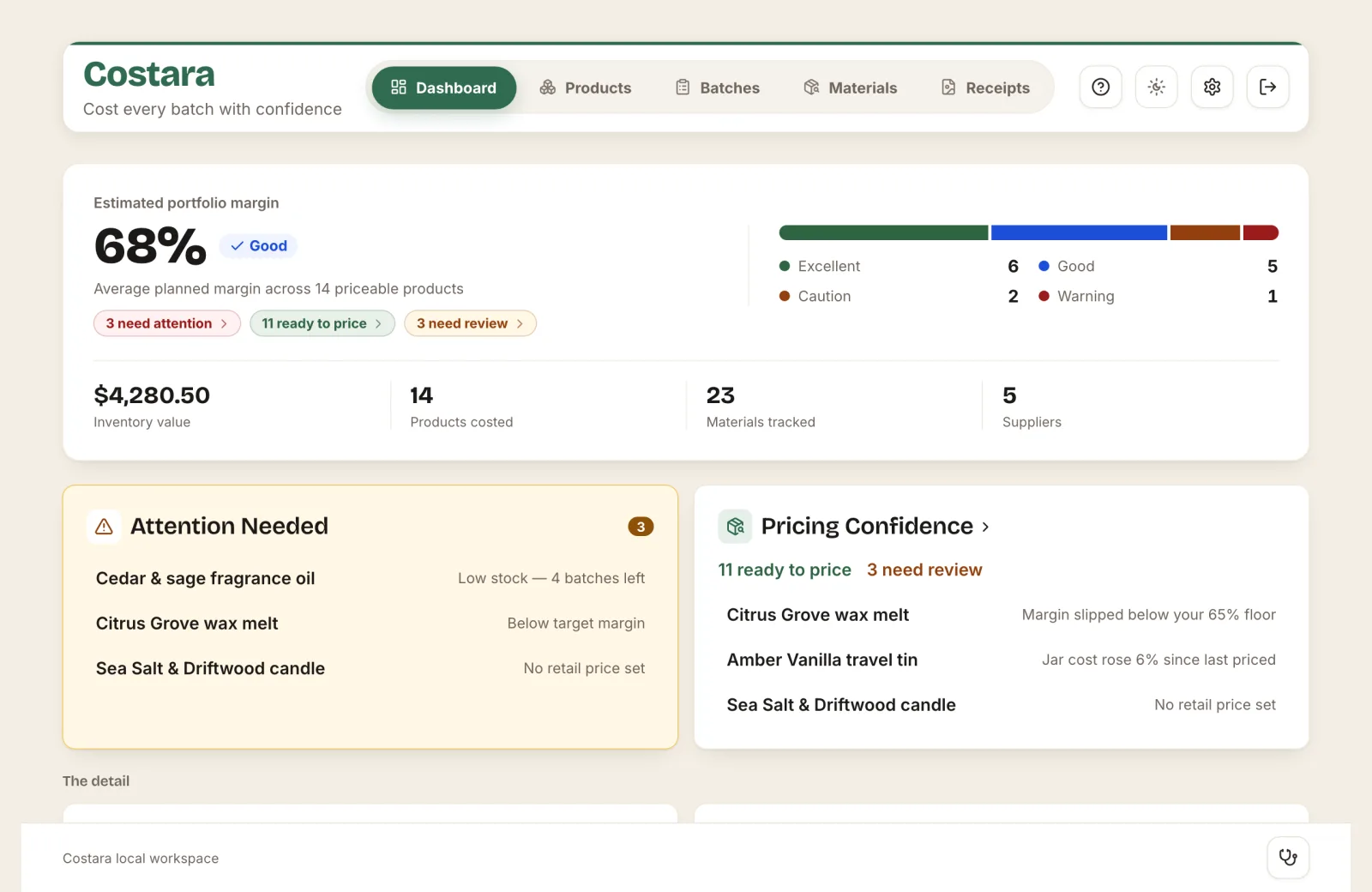 The Costara dashboard showing average margin, inventory value, and the products that need a price review