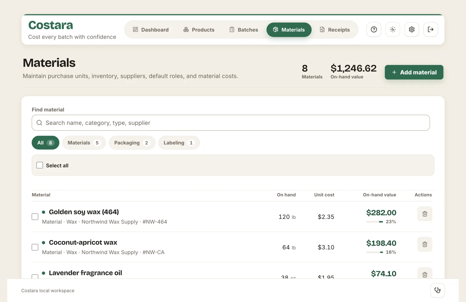 The Costara materials list with per-unit costs, suppliers, and on-hand quantities